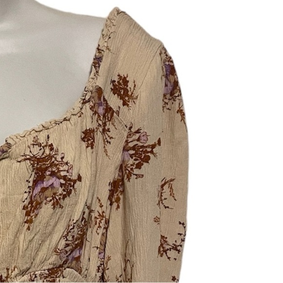 Floral Print Square Neckline Crop Top long sleeve rush blouse - Picture 4 of 11